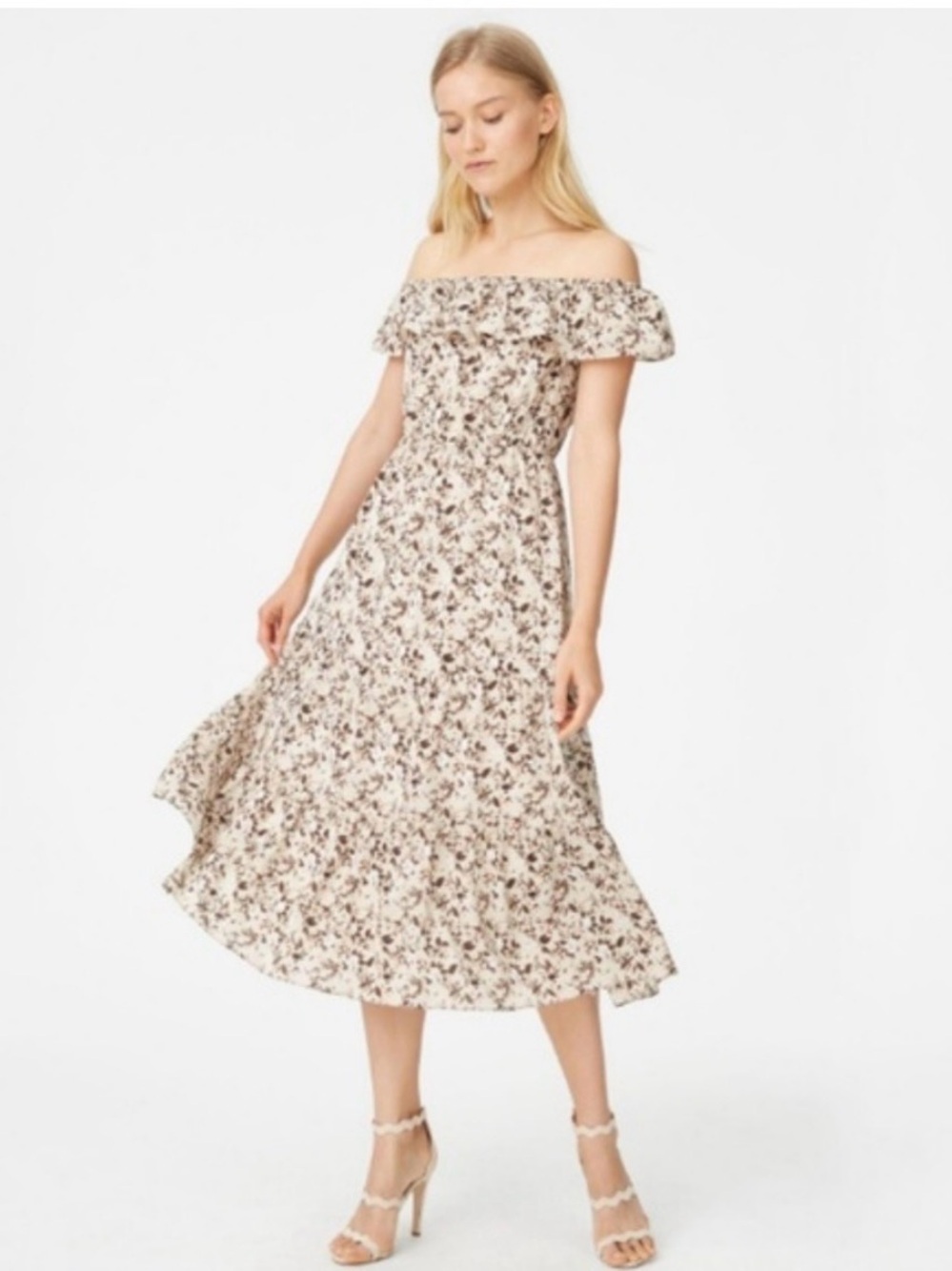 Club Monaco 100% silk Off-Shoulder Floral Midi Dress in Cream